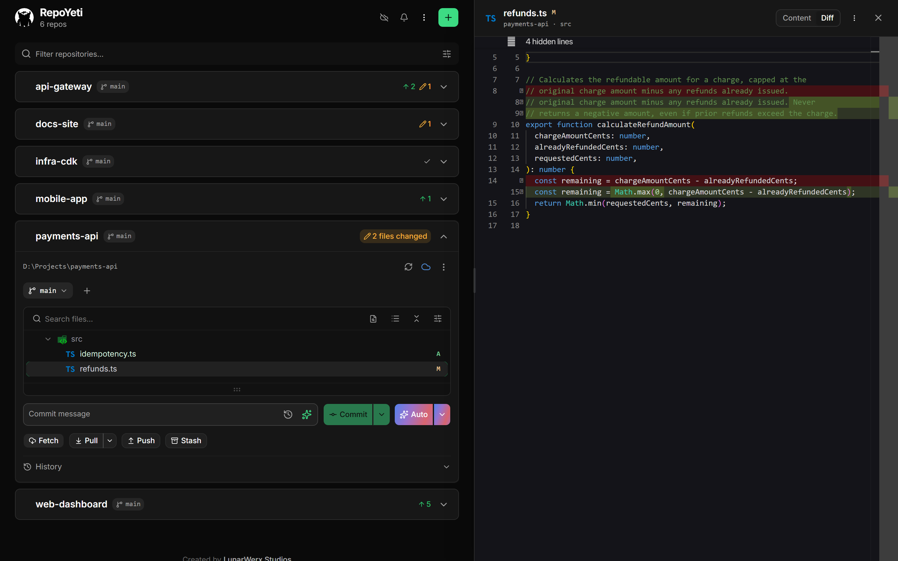 Monaco diff viewer in the RepoYeti app — syntax highlighting with added and removed lines