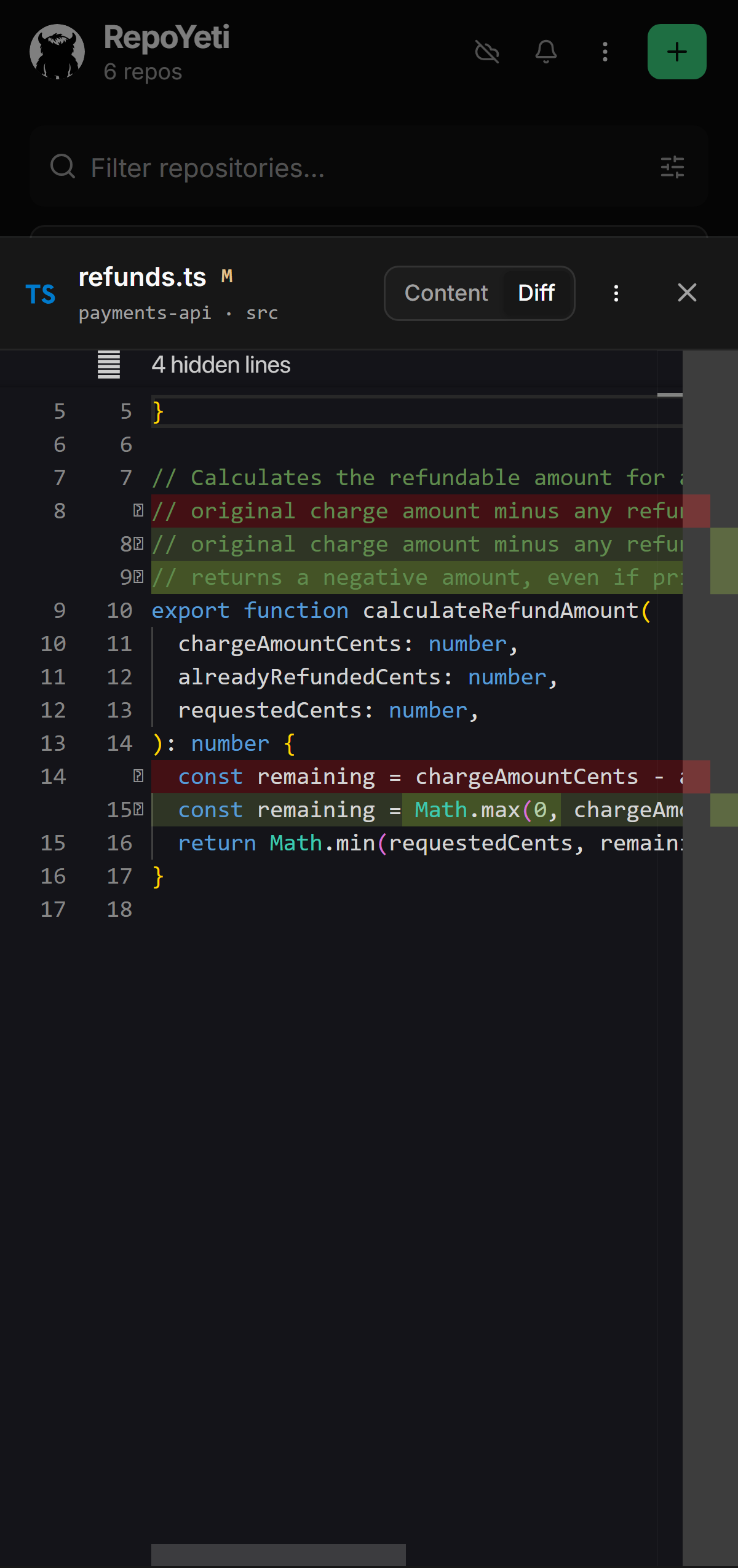 Monaco diff viewer in the RepoYeti app on a phone — syntax highlighting with added and removed lines